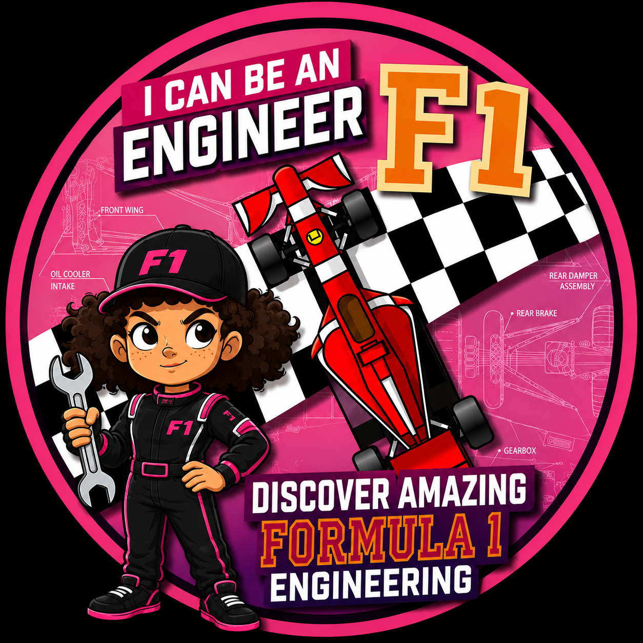 I Can Be An F1 Engineer book artwork showing a young engineer, an F1 car and Formula 1 engineering graphics